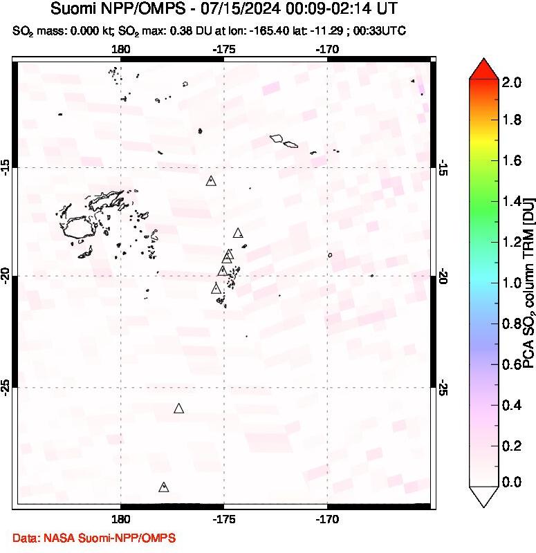 A sulfur dioxide image over Tonga, South Pacific on Jul 15, 2024.