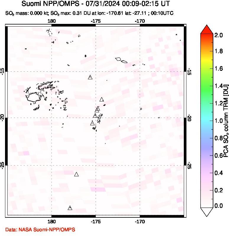 A sulfur dioxide image over Tonga, South Pacific on Jul 31, 2024.