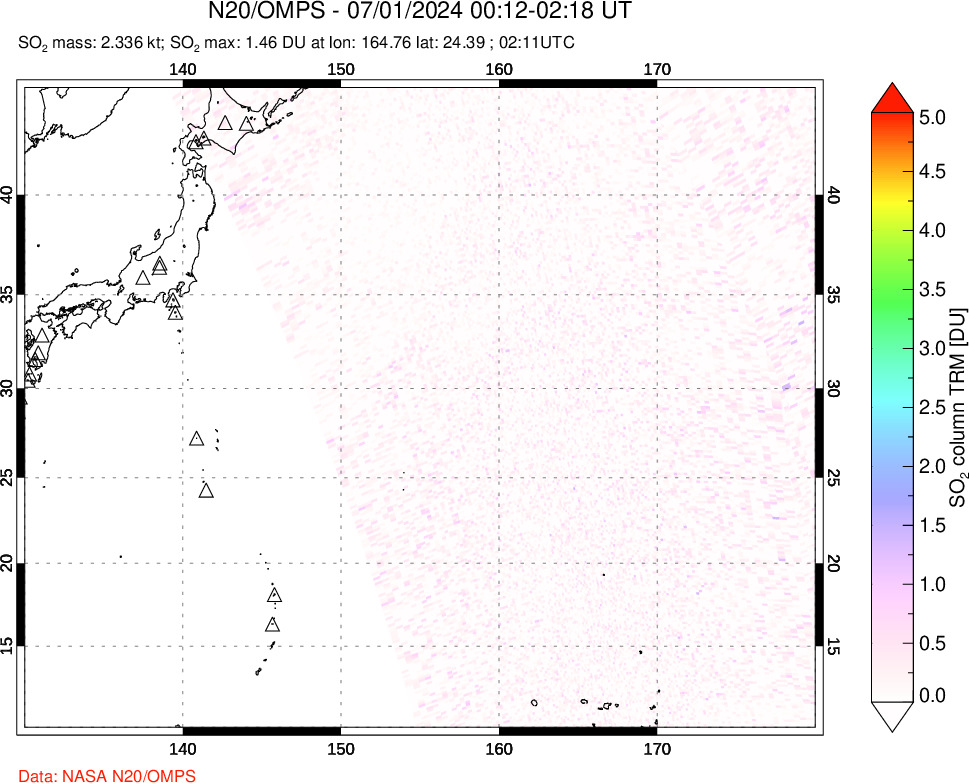 A sulfur dioxide image over Western Pacific on Jul 01, 2024.