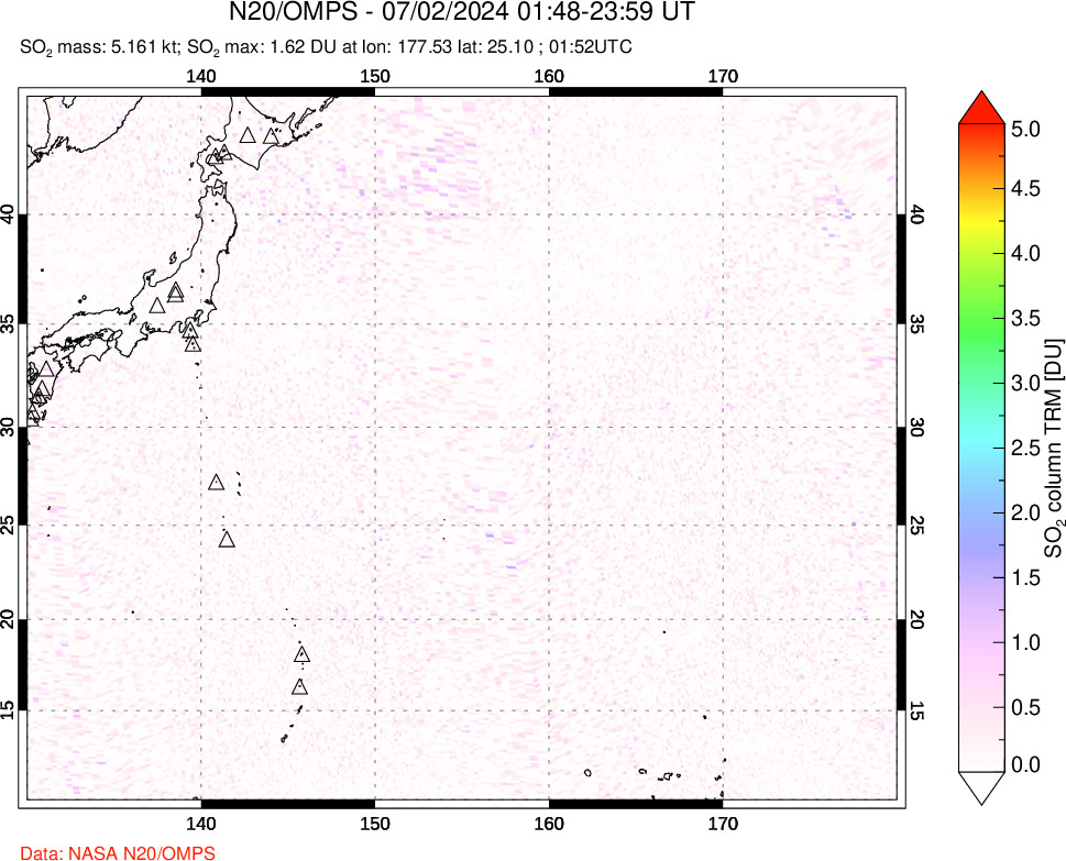 A sulfur dioxide image over Western Pacific on Jul 02, 2024.