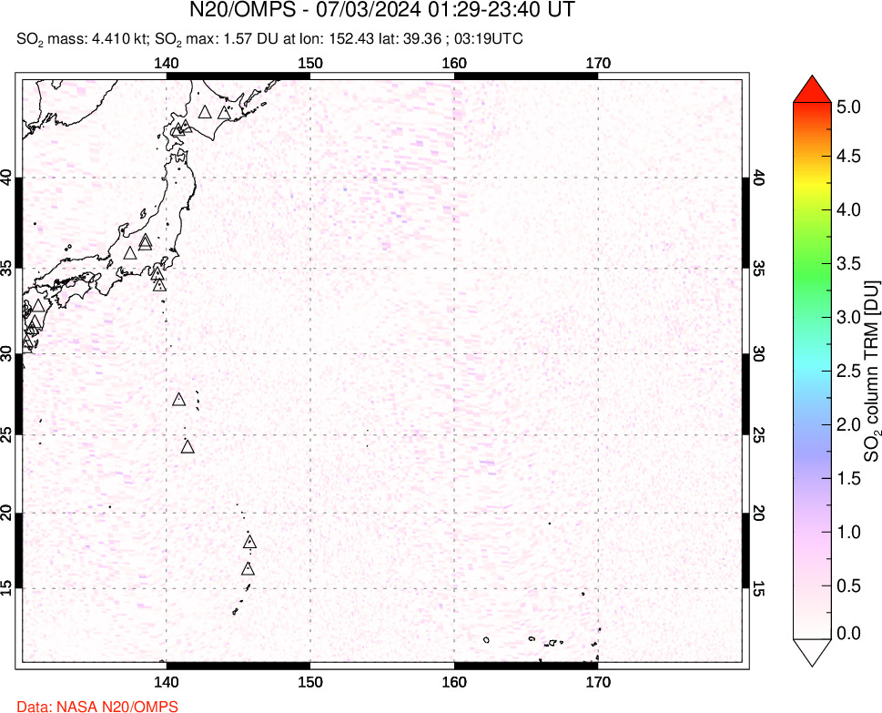 A sulfur dioxide image over Western Pacific on Jul 03, 2024.