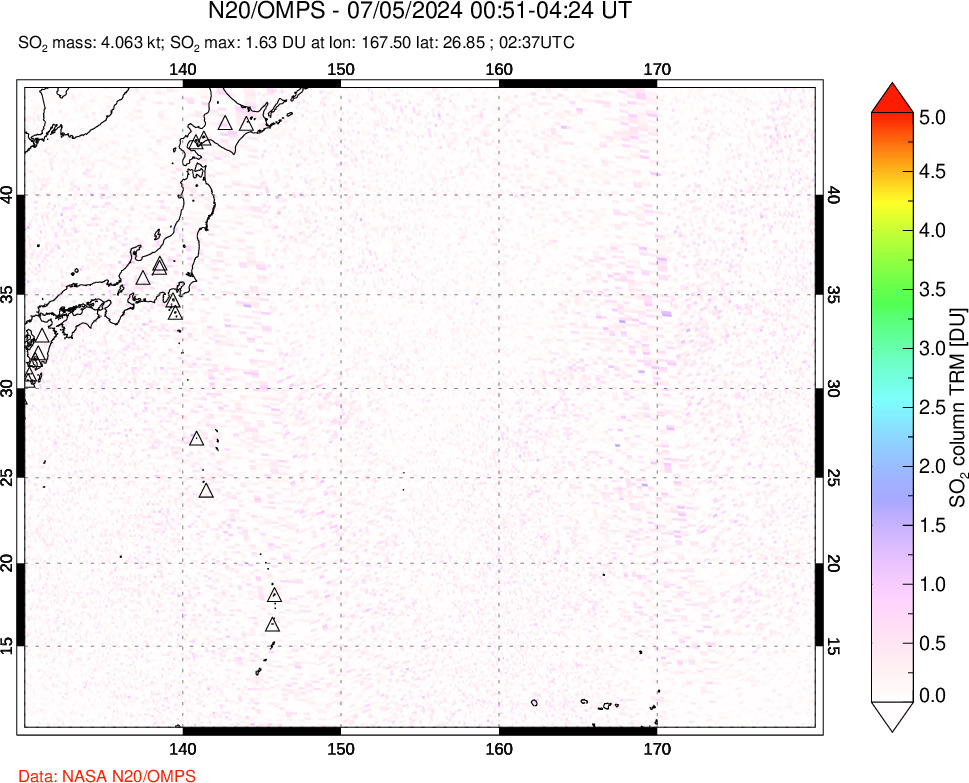 A sulfur dioxide image over Western Pacific on Jul 05, 2024.