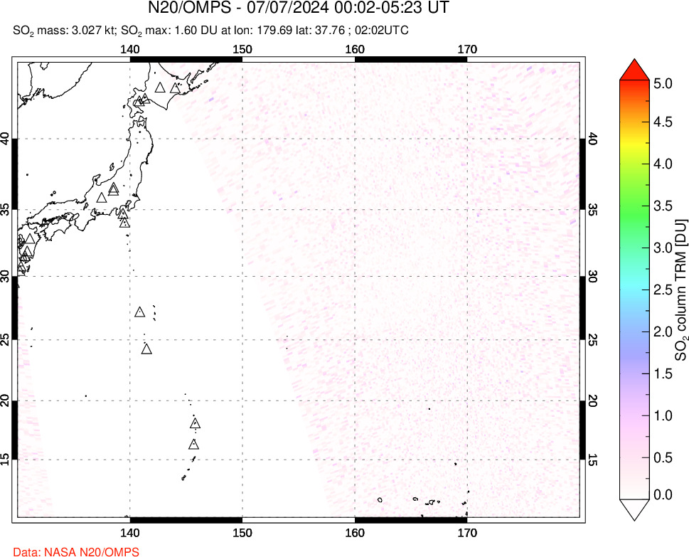 A sulfur dioxide image over Western Pacific on Jul 07, 2024.