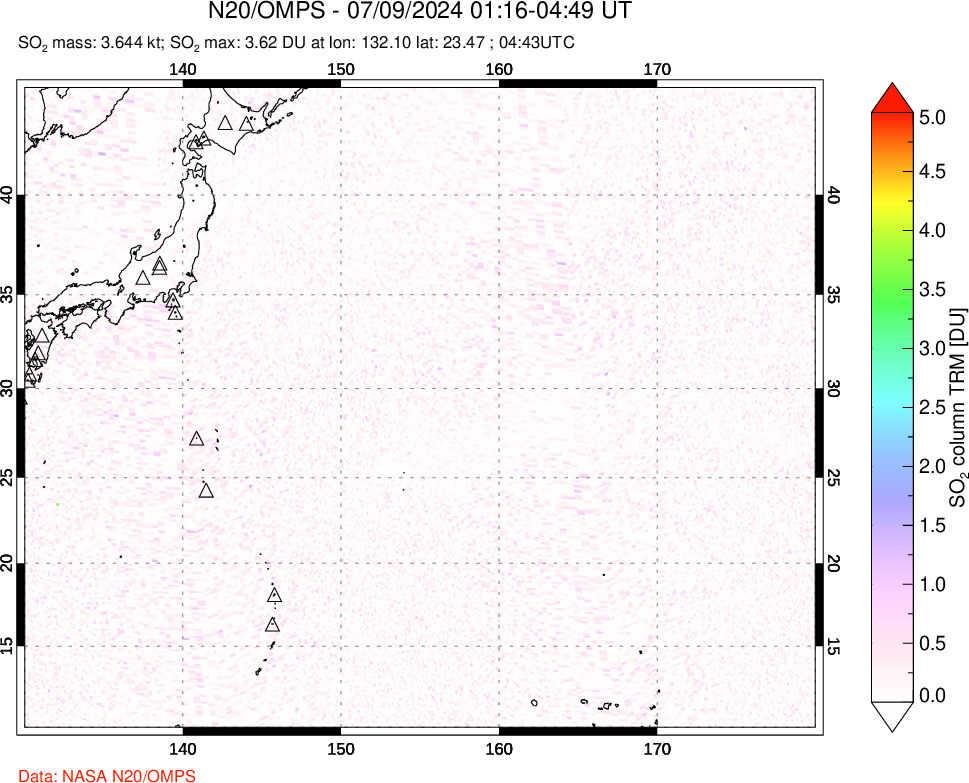 A sulfur dioxide image over Western Pacific on Jul 09, 2024.