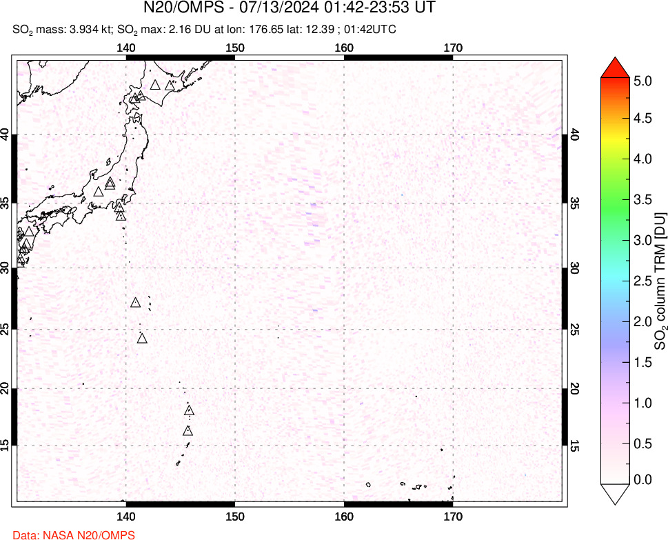 A sulfur dioxide image over Western Pacific on Jul 13, 2024.