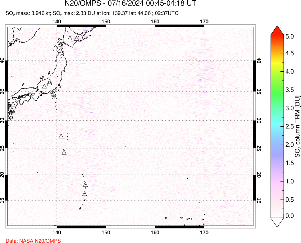 A sulfur dioxide image over Western Pacific on Jul 16, 2024.