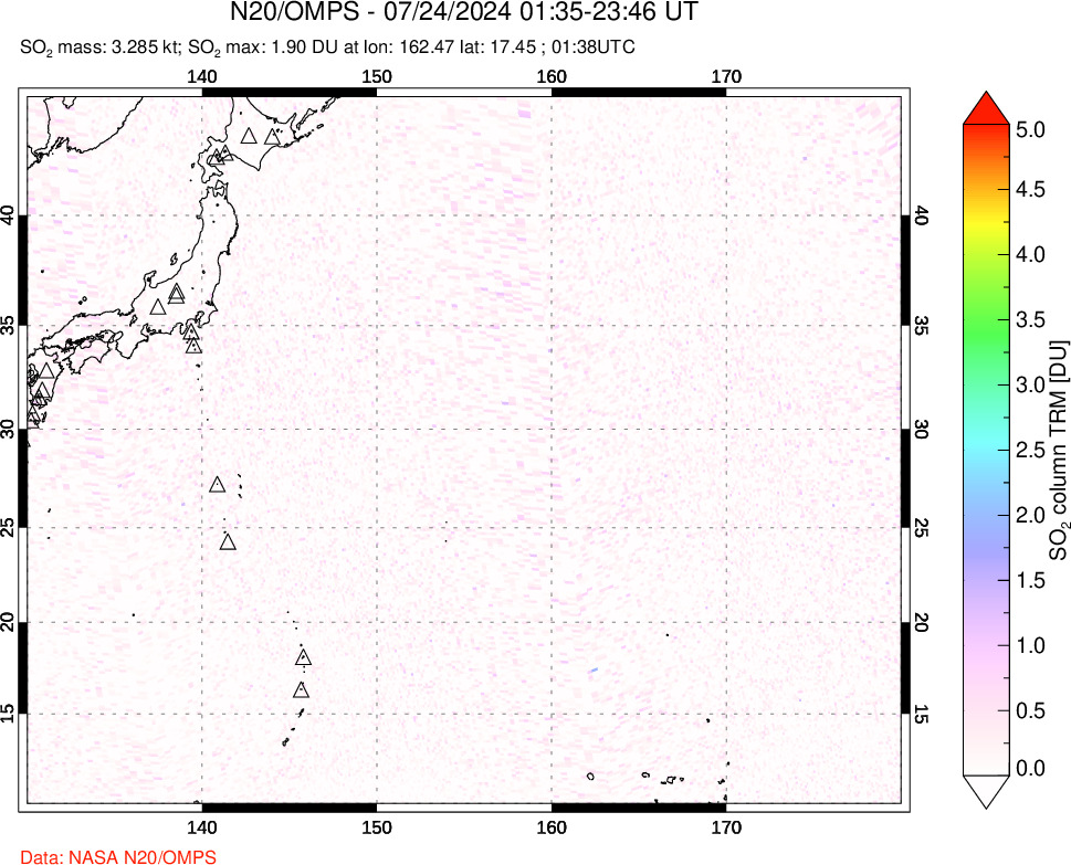 A sulfur dioxide image over Western Pacific on Jul 24, 2024.