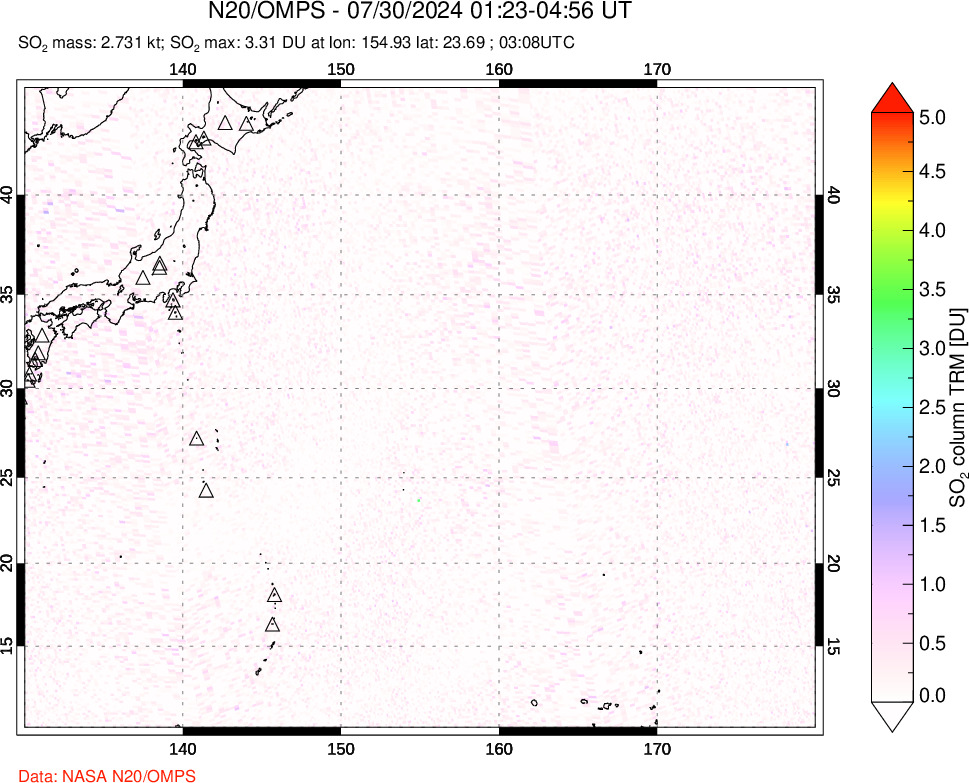 A sulfur dioxide image over Western Pacific on Jul 30, 2024.