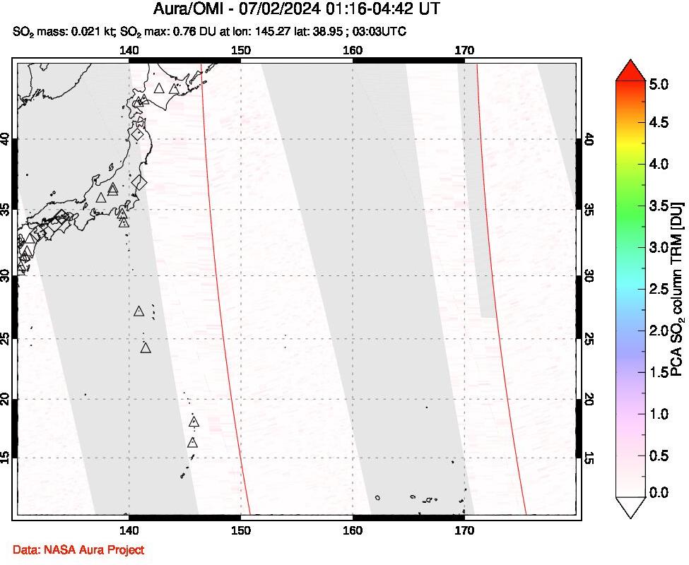 A sulfur dioxide image over Western Pacific on Jul 02, 2024.