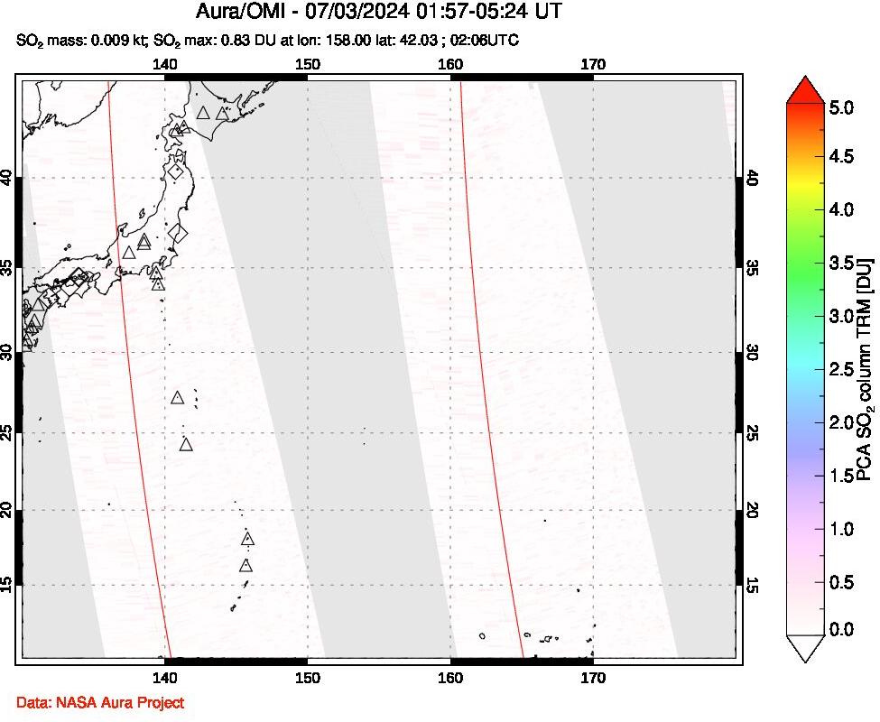 A sulfur dioxide image over Western Pacific on Jul 03, 2024.