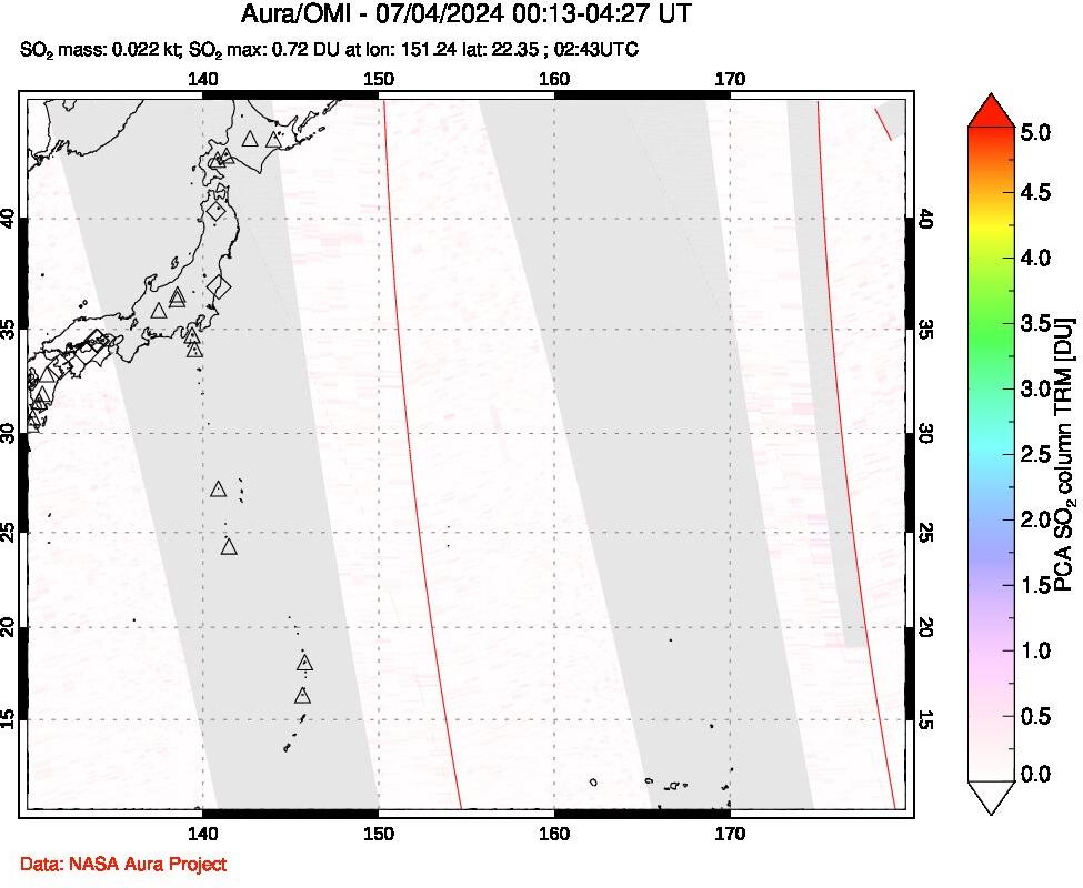 A sulfur dioxide image over Western Pacific on Jul 04, 2024.