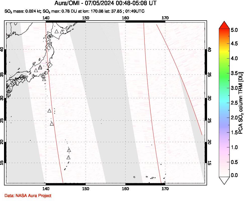 A sulfur dioxide image over Western Pacific on Jul 05, 2024.