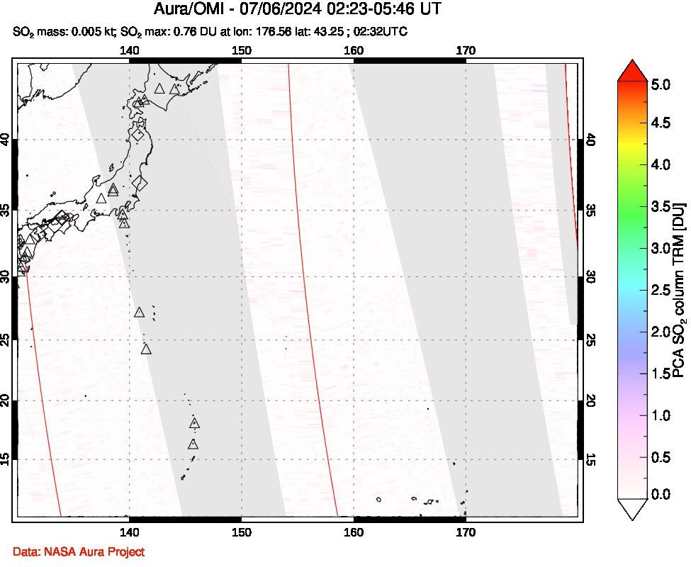 A sulfur dioxide image over Western Pacific on Jul 06, 2024.