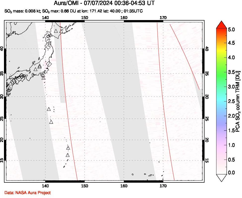 A sulfur dioxide image over Western Pacific on Jul 07, 2024.