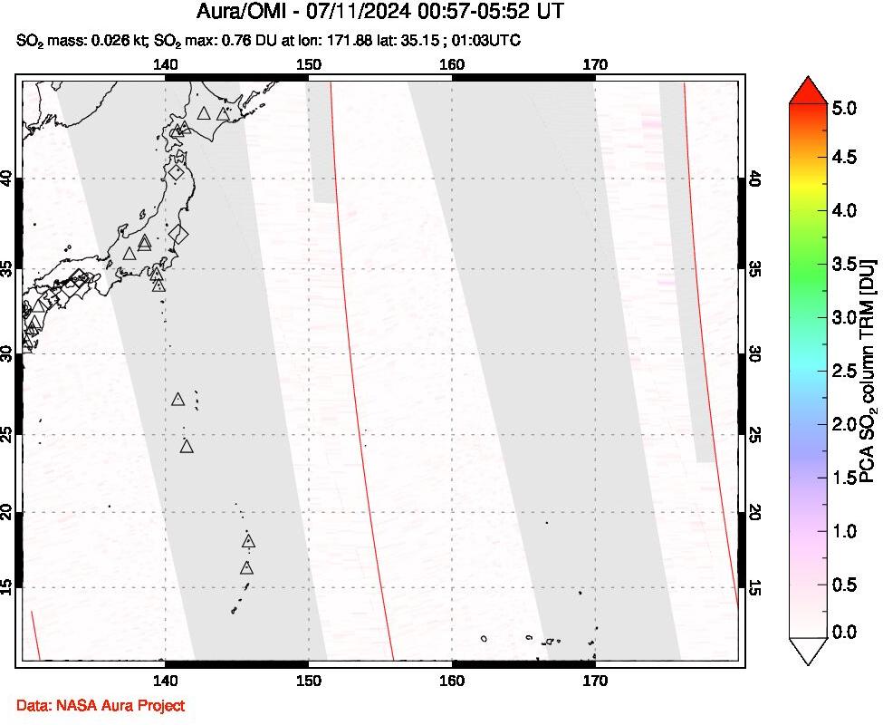 A sulfur dioxide image over Western Pacific on Jul 11, 2024.