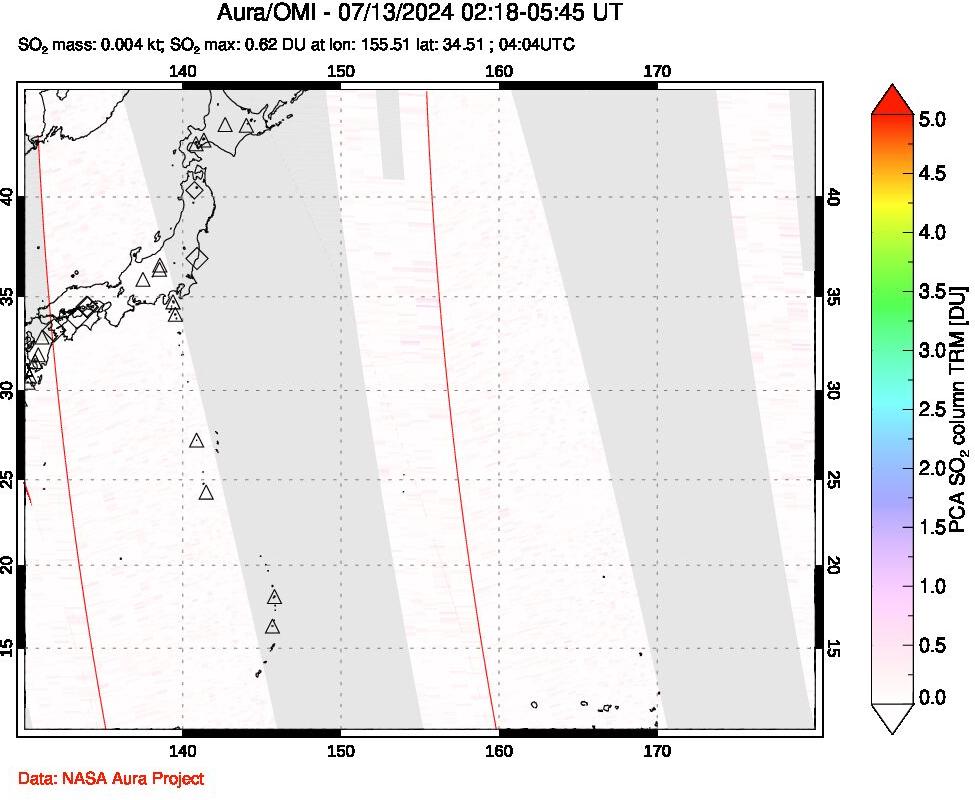 A sulfur dioxide image over Western Pacific on Jul 13, 2024.