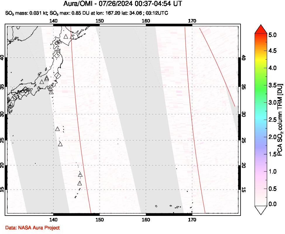 A sulfur dioxide image over Western Pacific on Jul 26, 2024.