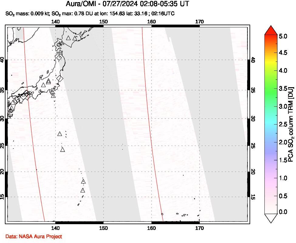 A sulfur dioxide image over Western Pacific on Jul 27, 2024.