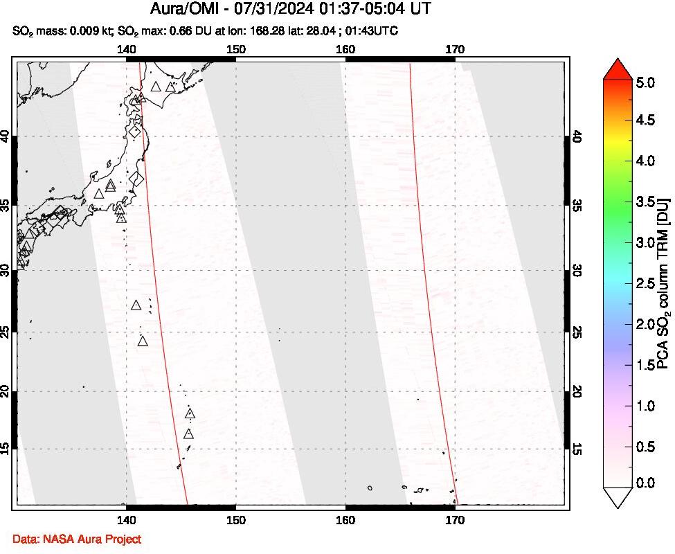 A sulfur dioxide image over Western Pacific on Jul 31, 2024.