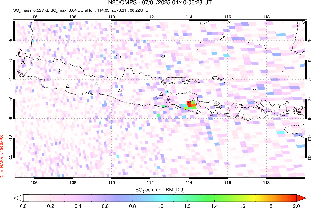 A sulfur dioxide image over Java, Indonesia on Jul 01, 2025.