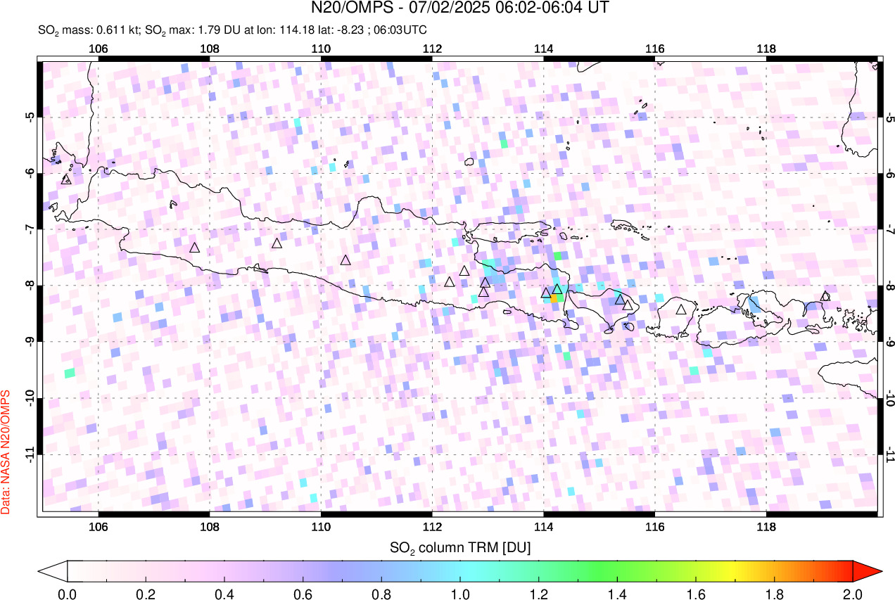 A sulfur dioxide image over Java, Indonesia on Jul 02, 2025.