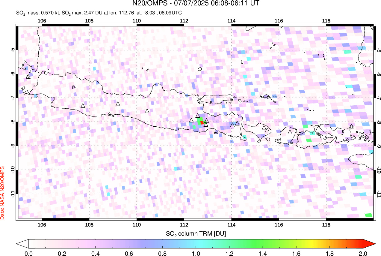 A sulfur dioxide image over Java, Indonesia on Jul 07, 2025.