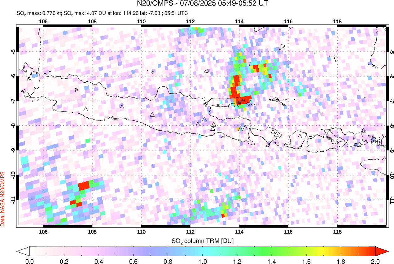 A sulfur dioxide image over Java, Indonesia on Jul 08, 2025.