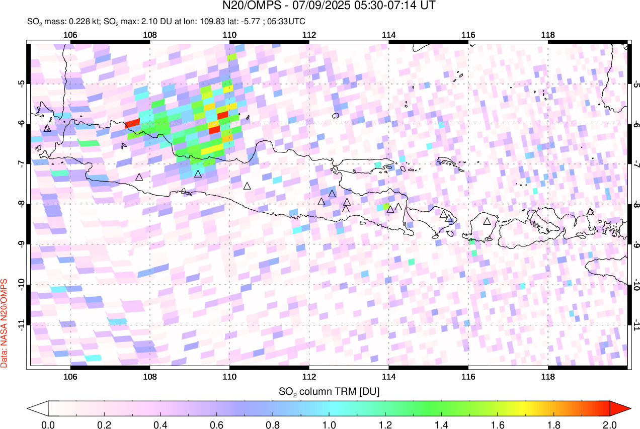 A sulfur dioxide image over Java, Indonesia on Jul 09, 2025.