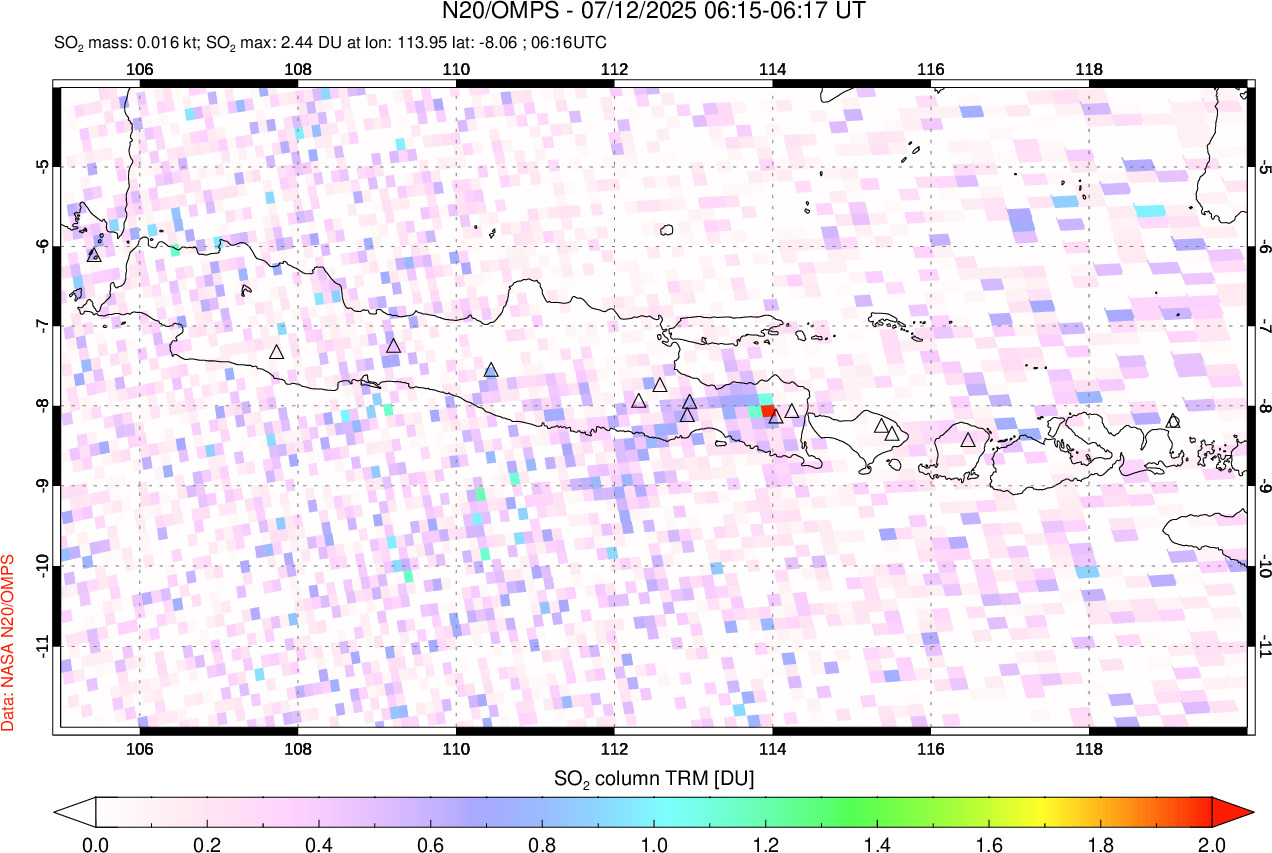 A sulfur dioxide image over Java, Indonesia on Jul 12, 2025.