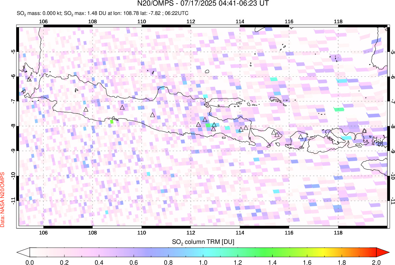 A sulfur dioxide image over Java, Indonesia on Jul 17, 2025.