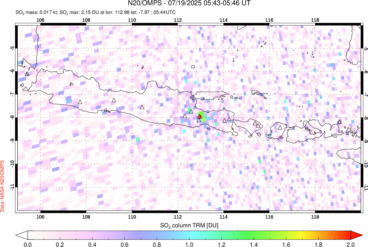 A sulfur dioxide image over Java, Indonesia on Jul 19, 2025.