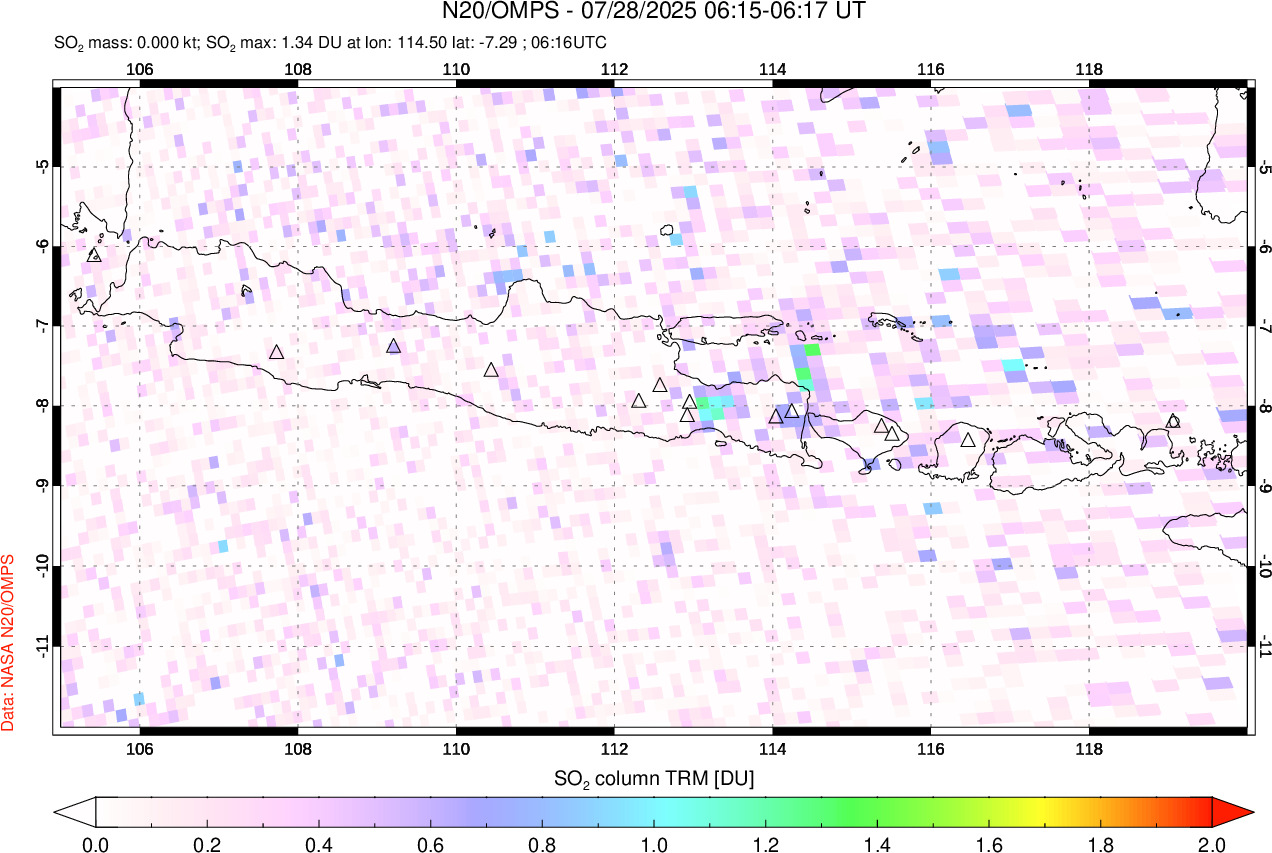A sulfur dioxide image over Java, Indonesia on Jul 28, 2025.