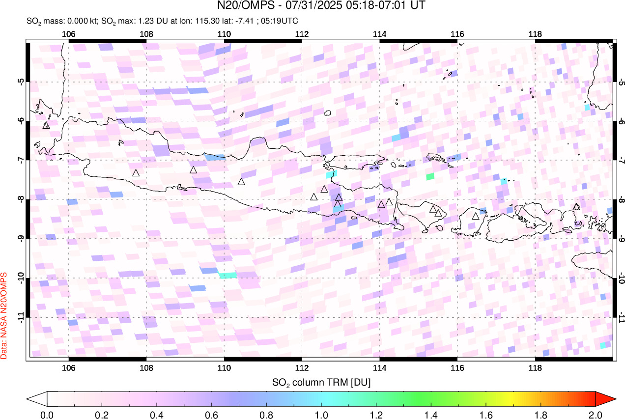 A sulfur dioxide image over Java, Indonesia on Jul 31, 2025.