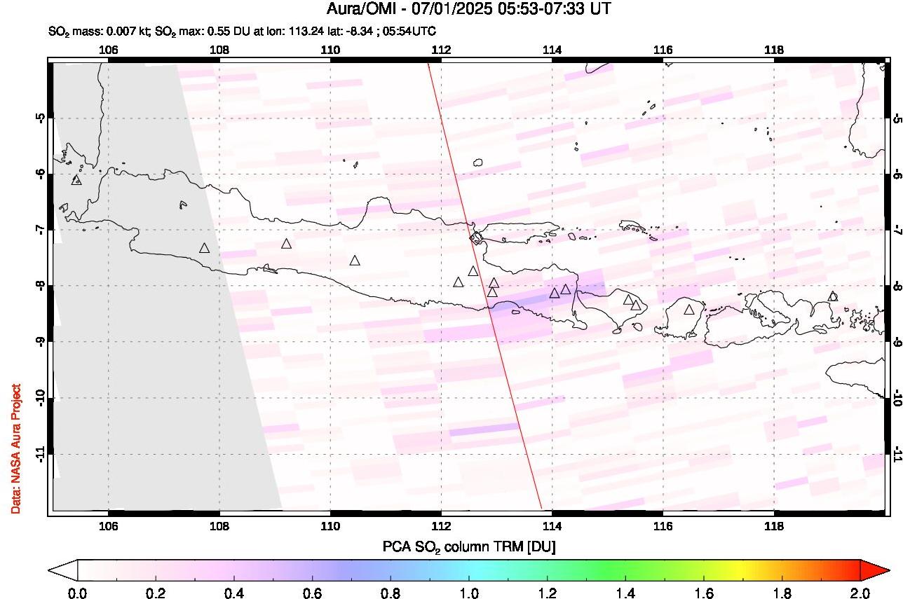 A sulfur dioxide image over Java, Indonesia on Jul 01, 2025.