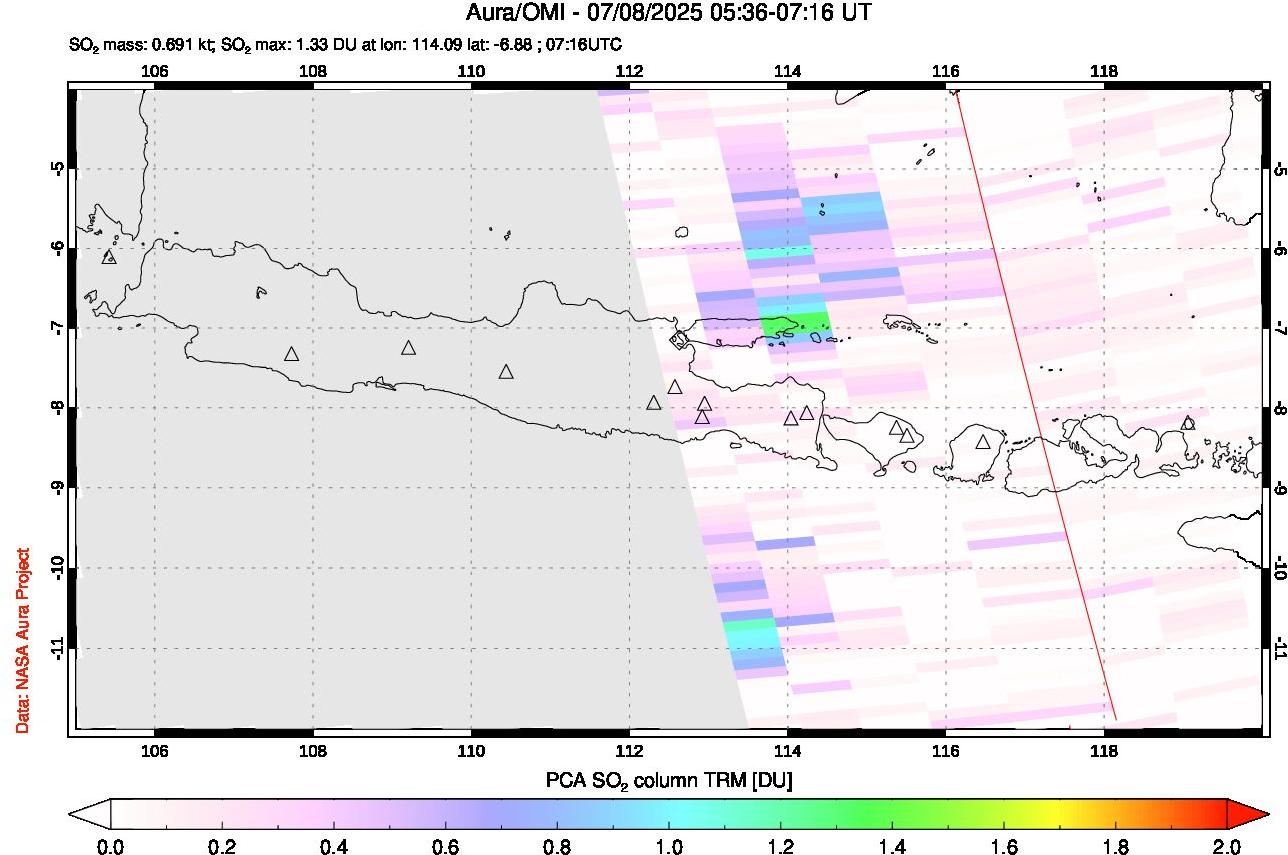 A sulfur dioxide image over Java, Indonesia on Jul 08, 2025.