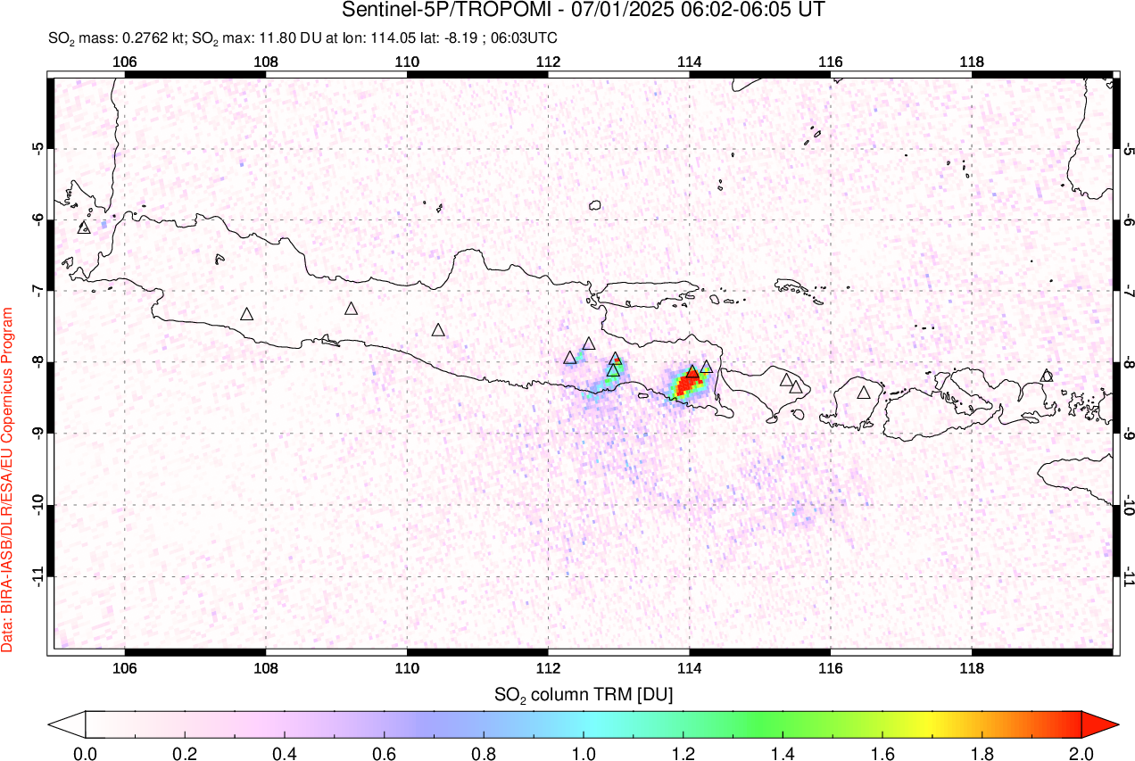 A sulfur dioxide image over Java, Indonesia on Jul 01, 2025.