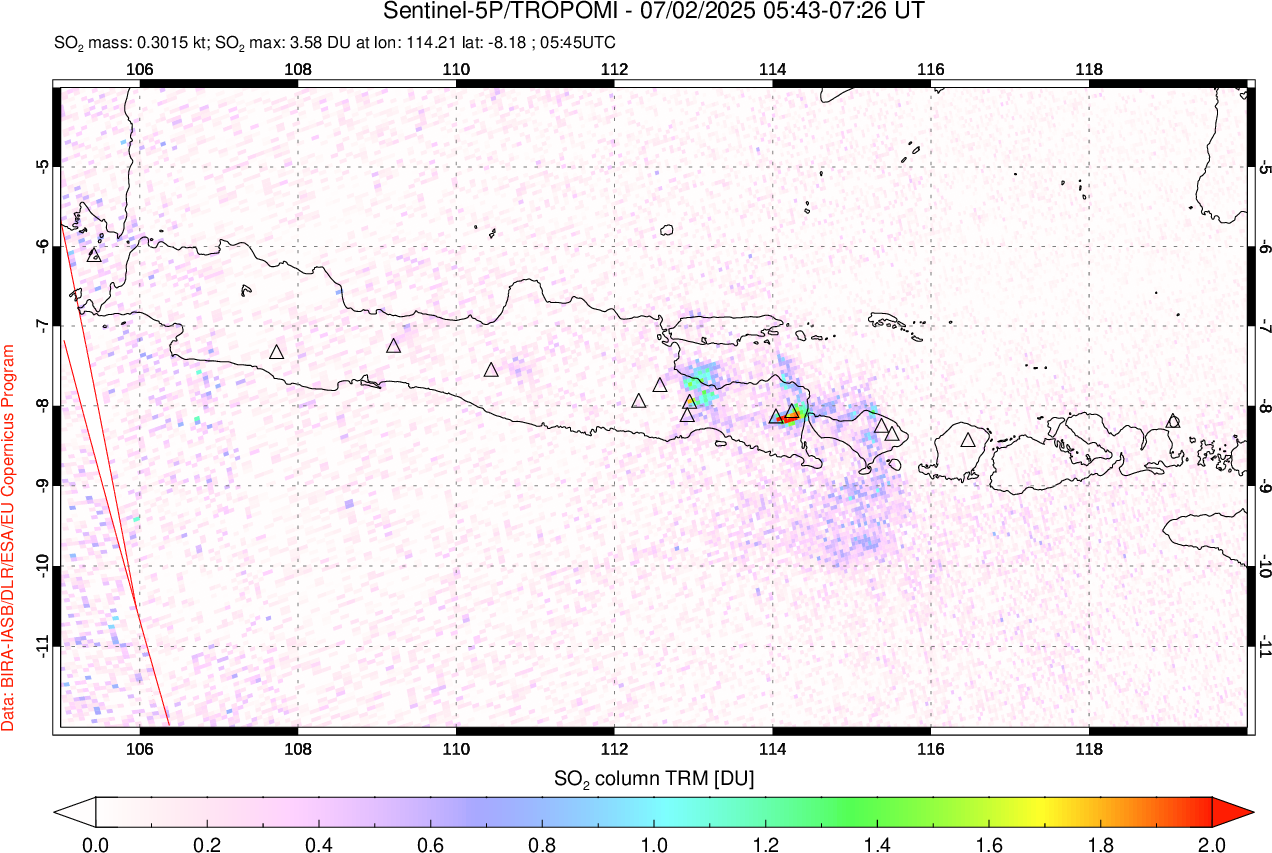 A sulfur dioxide image over Java, Indonesia on Jul 02, 2025.