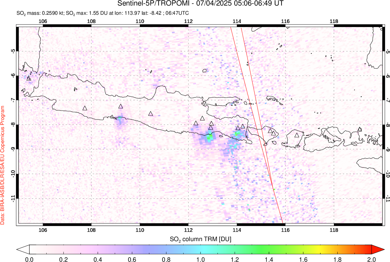 A sulfur dioxide image over Java, Indonesia on Jul 04, 2025.