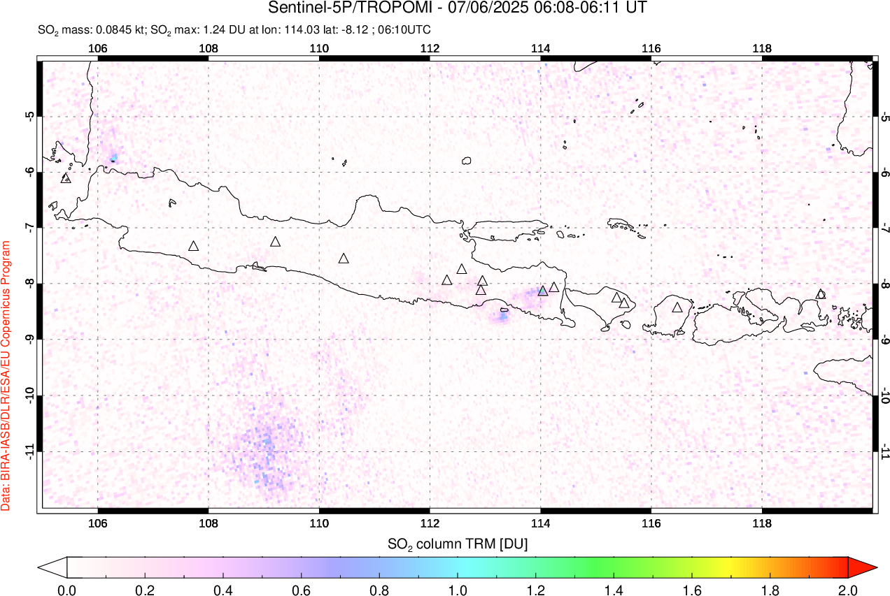 A sulfur dioxide image over Java, Indonesia on Jul 06, 2025.