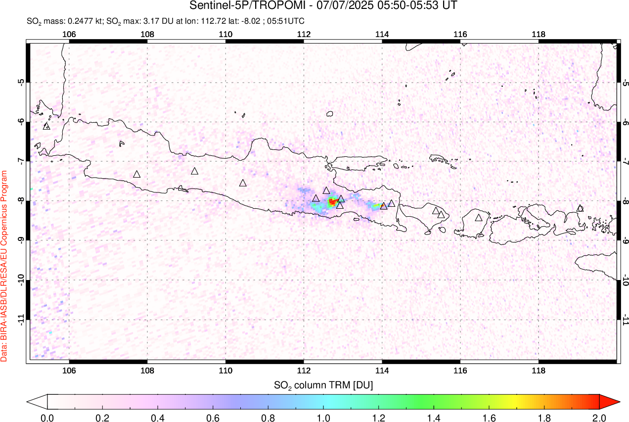 A sulfur dioxide image over Java, Indonesia on Jul 07, 2025.