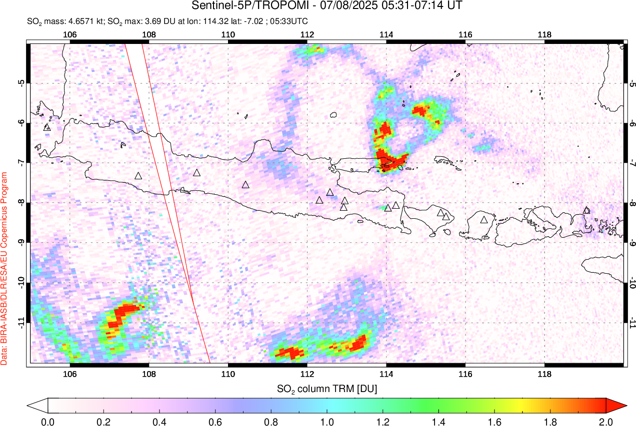 A sulfur dioxide image over Java, Indonesia on Jul 08, 2025.