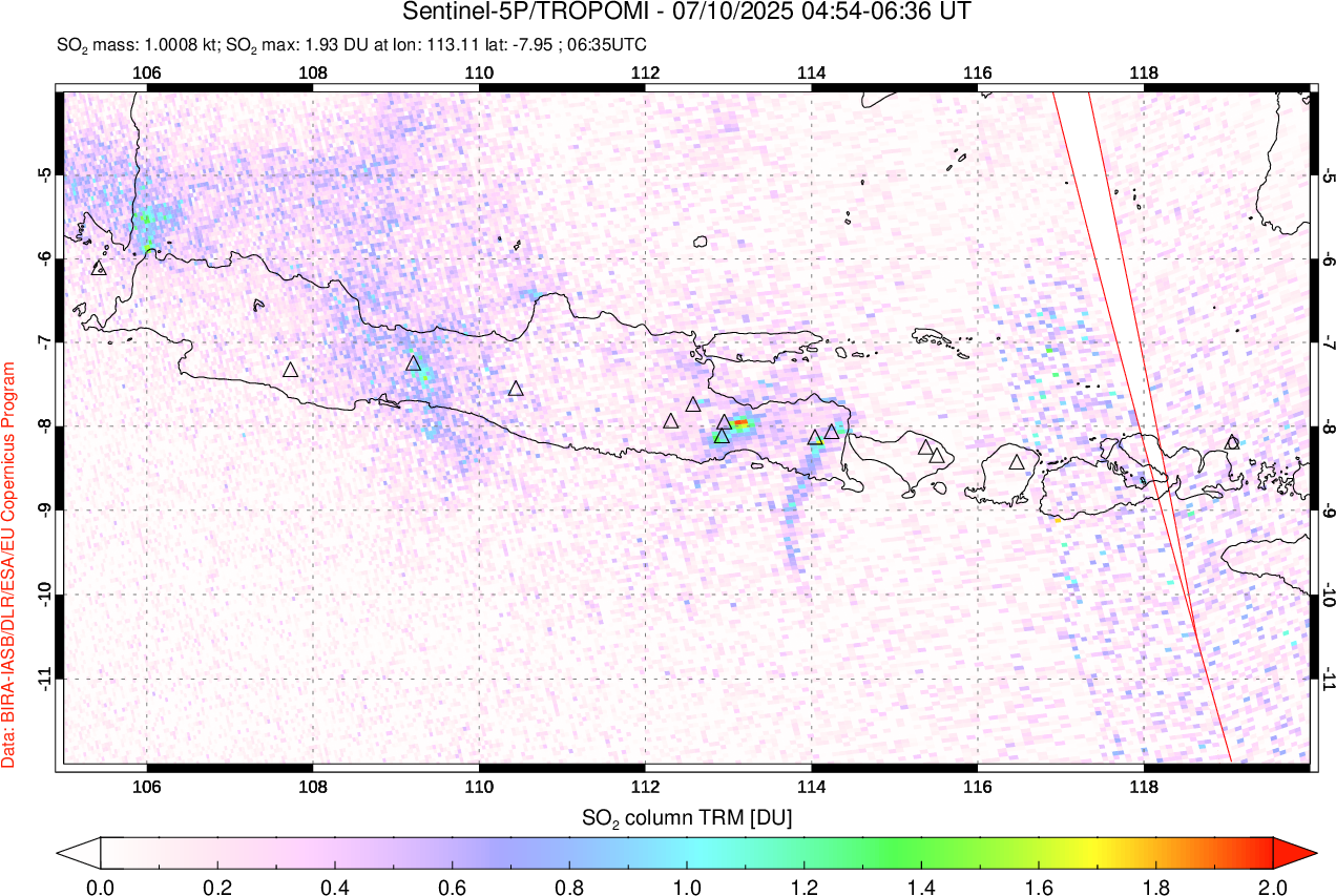 A sulfur dioxide image over Java, Indonesia on Jul 10, 2025.