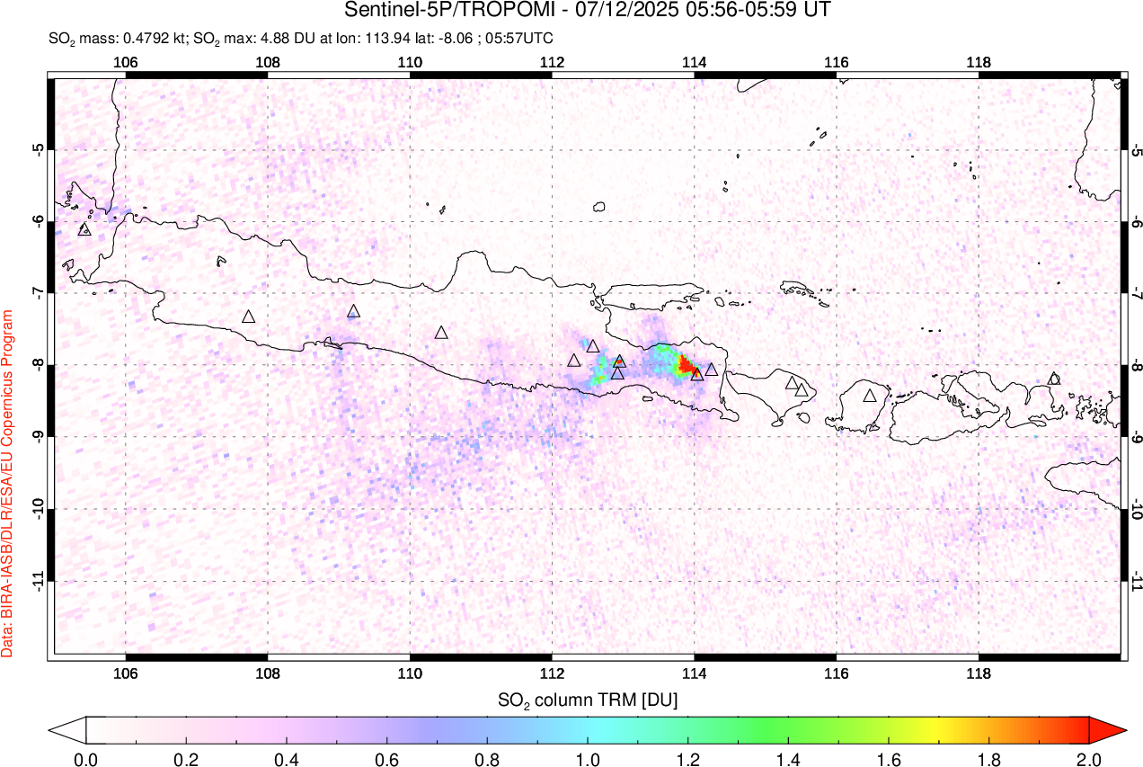 A sulfur dioxide image over Java, Indonesia on Jul 12, 2025.