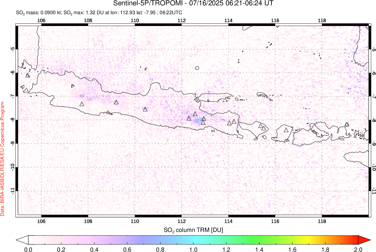 A sulfur dioxide image over Java, Indonesia on Jul 16, 2025.
