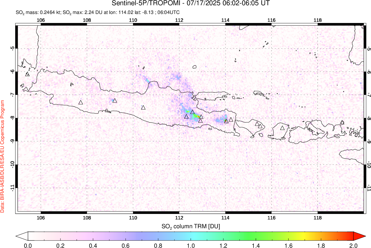 A sulfur dioxide image over Java, Indonesia on Jul 17, 2025.