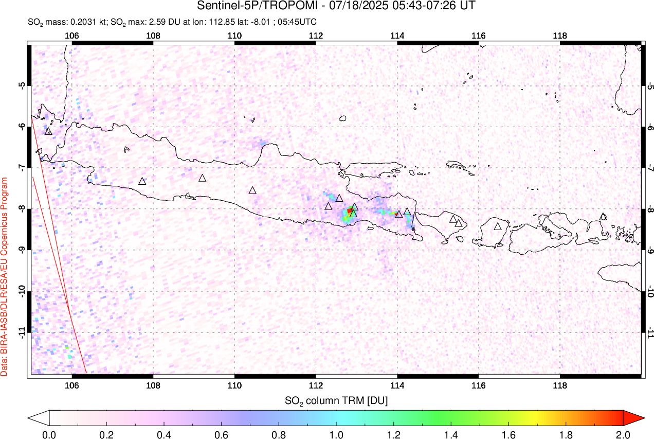 A sulfur dioxide image over Java, Indonesia on Jul 18, 2025.