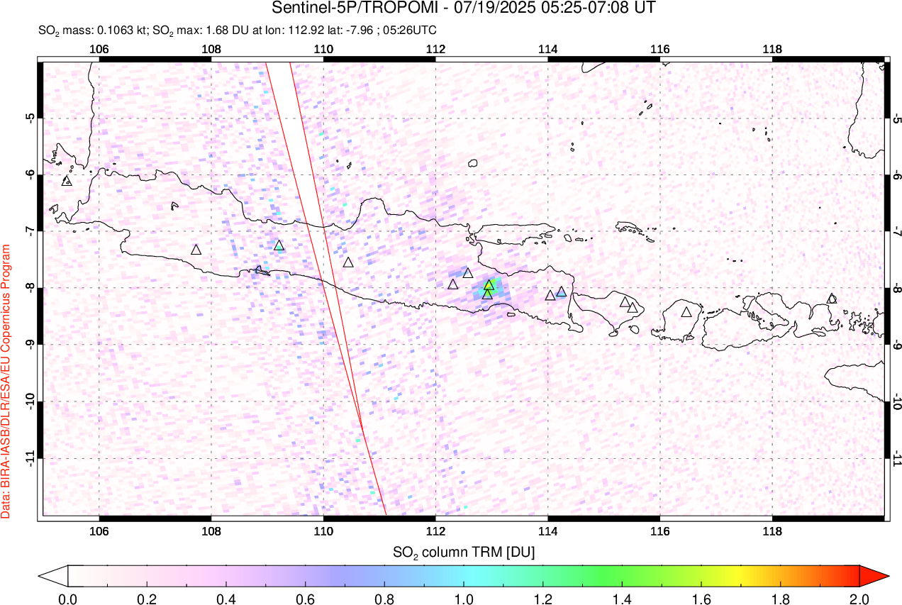 A sulfur dioxide image over Java, Indonesia on Jul 19, 2025.