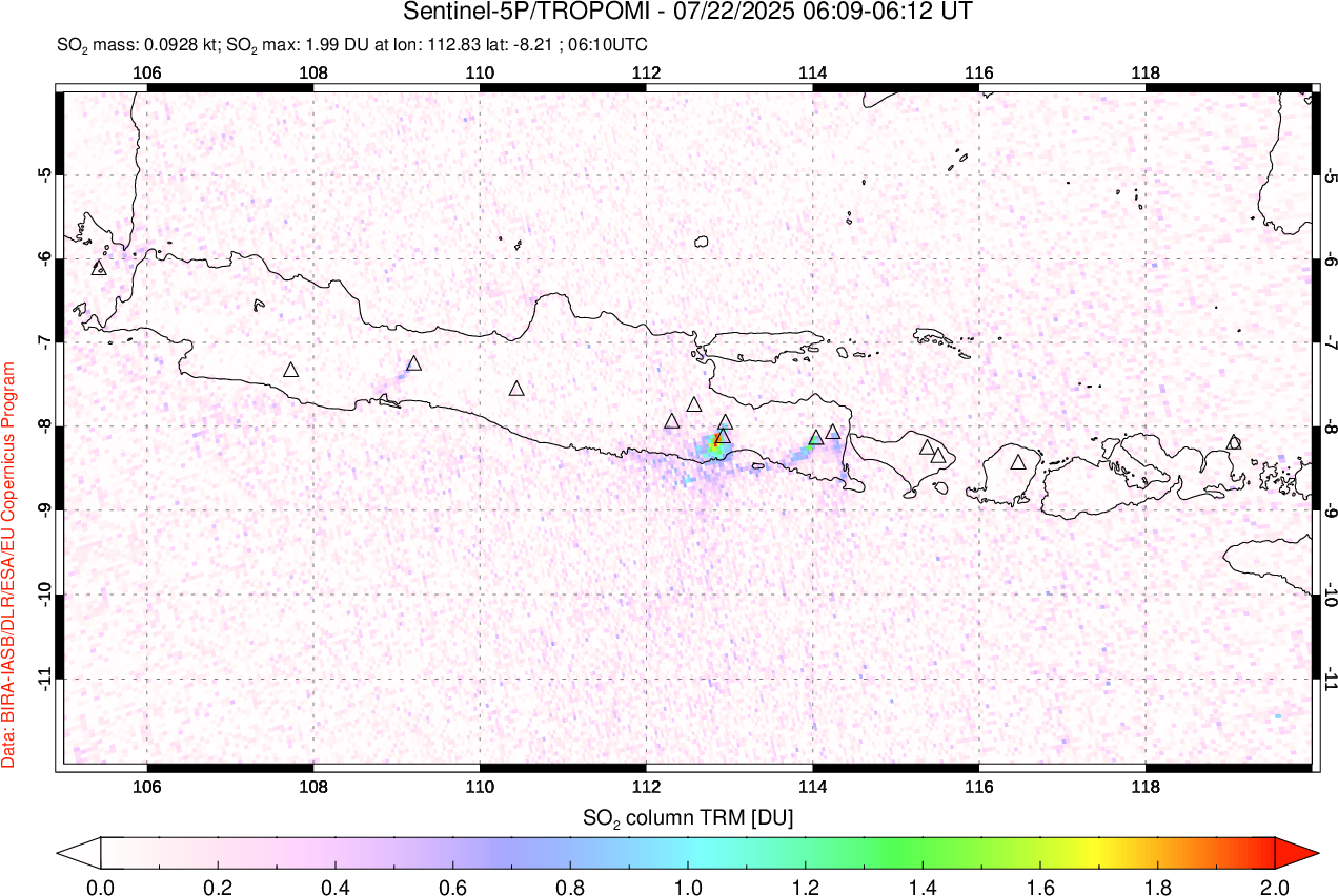 A sulfur dioxide image over Java, Indonesia on Jul 22, 2025.