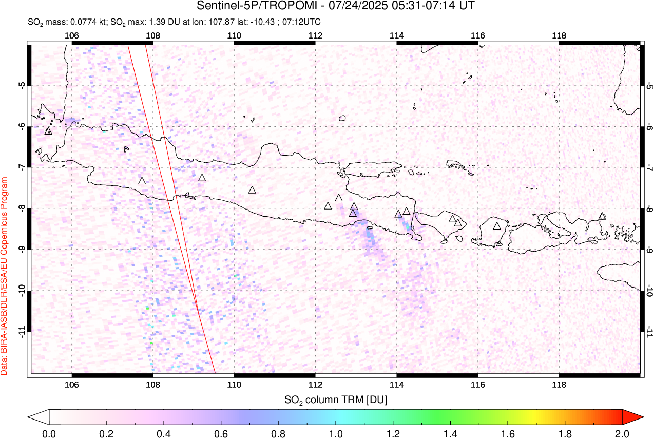 A sulfur dioxide image over Java, Indonesia on Jul 24, 2025.