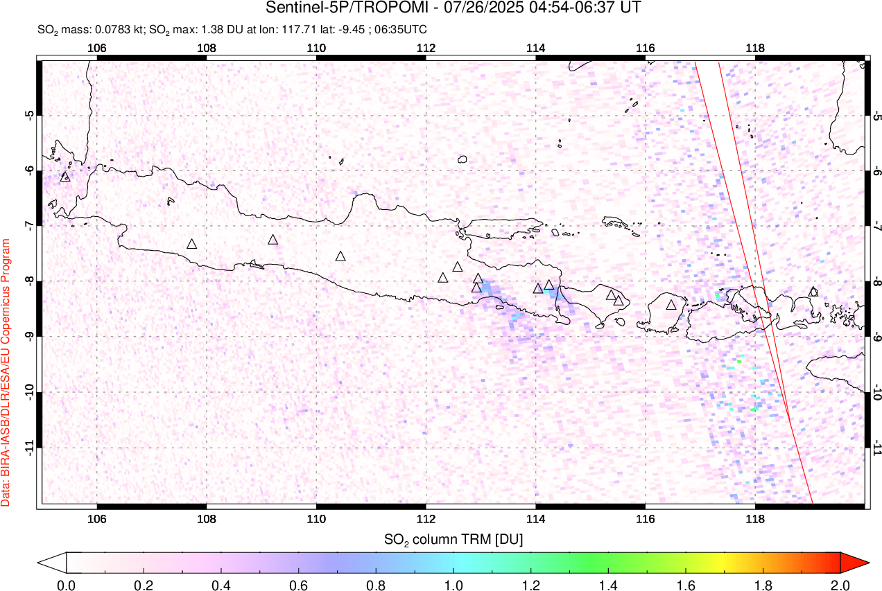 A sulfur dioxide image over Java, Indonesia on Jul 26, 2025.